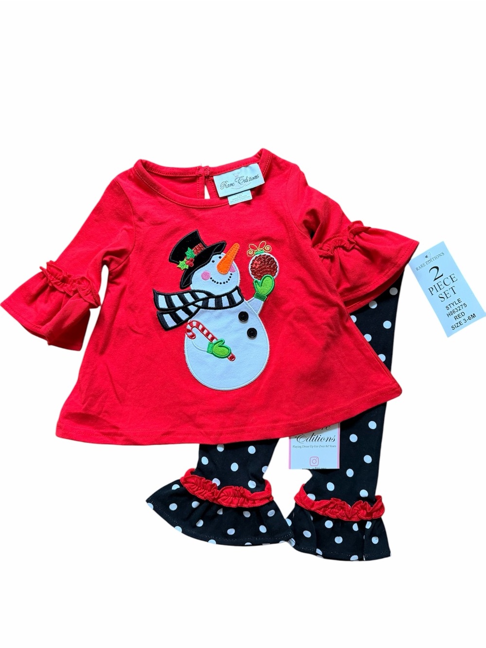 NWT Rare Editions Baby Girls Snowman Christmas Legging Set Red Polka Dot 3-6M